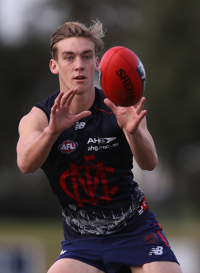 AFL 2016 Training - Melbourne 180516 MELBOURNE, AUSTRALIA - MAY 18: Oscar McDonald of the Demons watches the ball during a Melbourne Demons AFL training session at Casey Fields on May 18, 2016 in Melbourne, Australia. (Photo by Robert Cianflone/Getty Images/AFL Media)